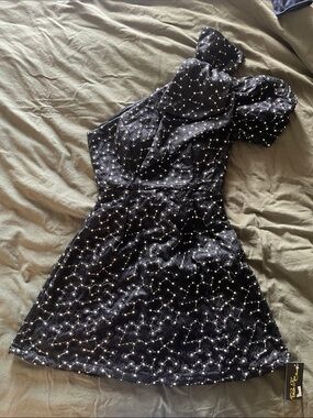 Black One-Shoulder Embellished Mini Dress